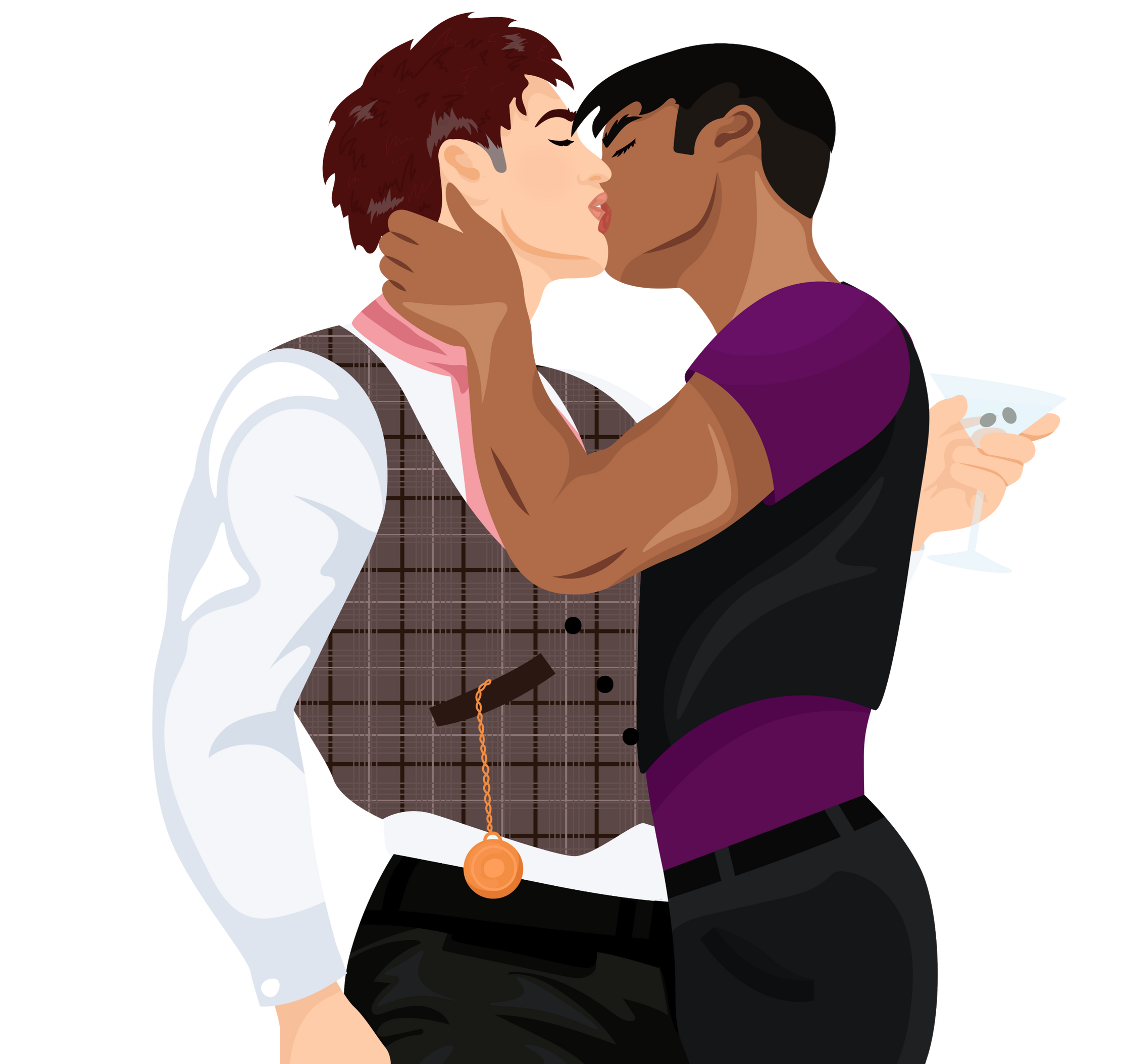 An older, full bodied man holding a cocktail glass and being kissed by a younger, brown-skinned man